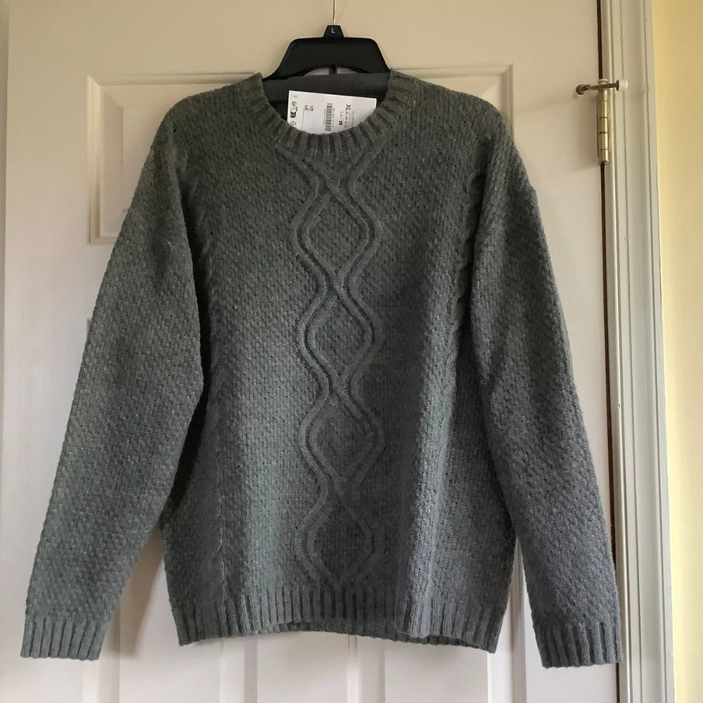 ZARA Men Cable Knit Sweater Gray Green SZ XL